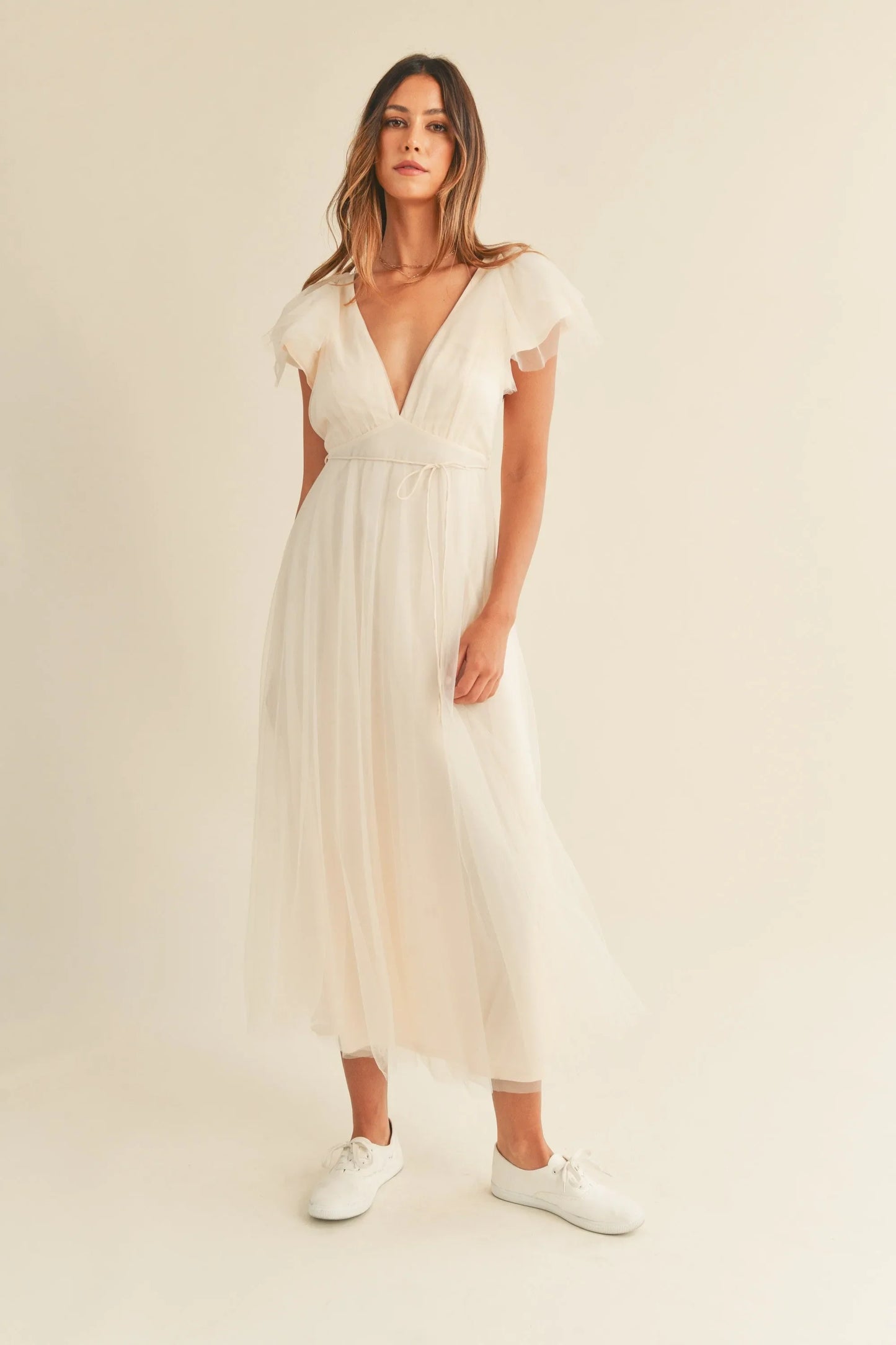 Tulle V-Neck Ruffle Flutter Sleeve Midi Dress — Playful Elegant Feminine Charming Style - Midi Dresses