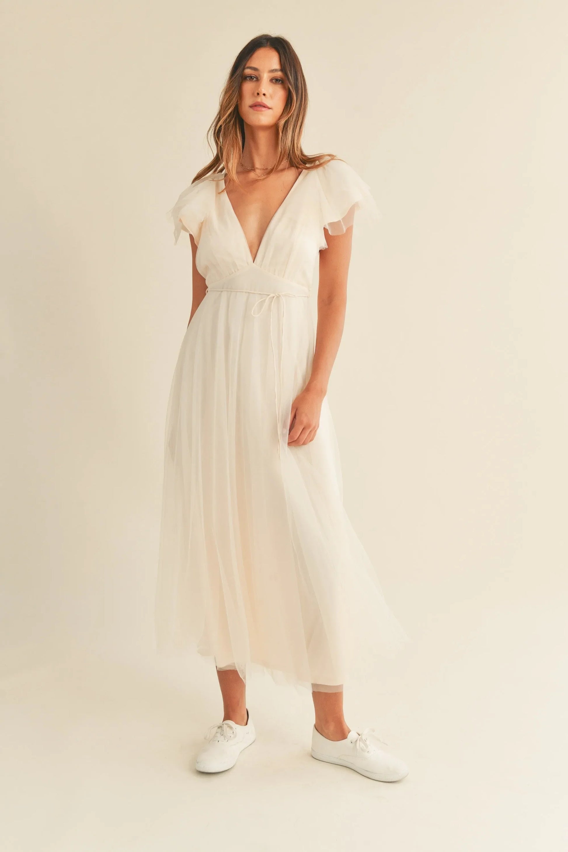 Tulle V-Neck Ruffle Flutter Sleeve Midi Dress — Playful Elegant Feminine Charming Style - Midi Dresses