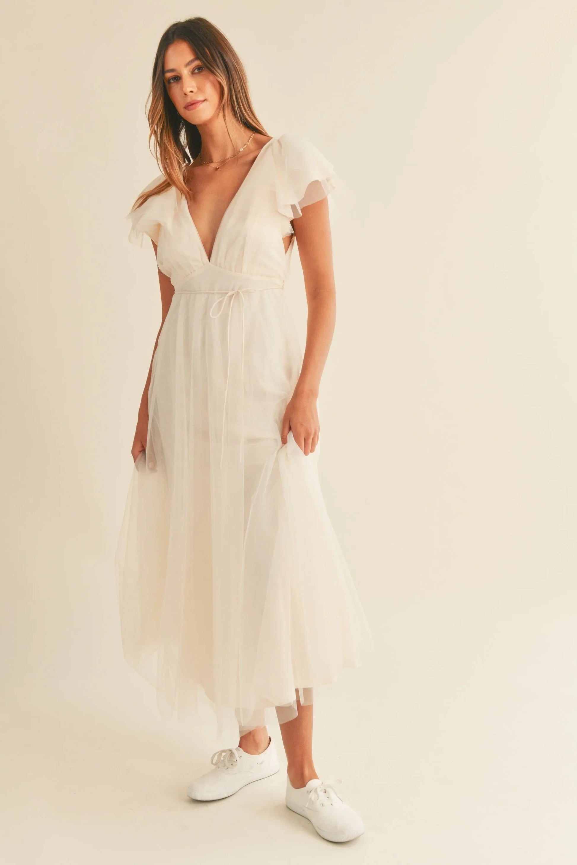 Tulle V-Neck Ruffle Flutter Sleeve Midi Dress — Playful Elegant Feminine Charming Style - Midi Dresses