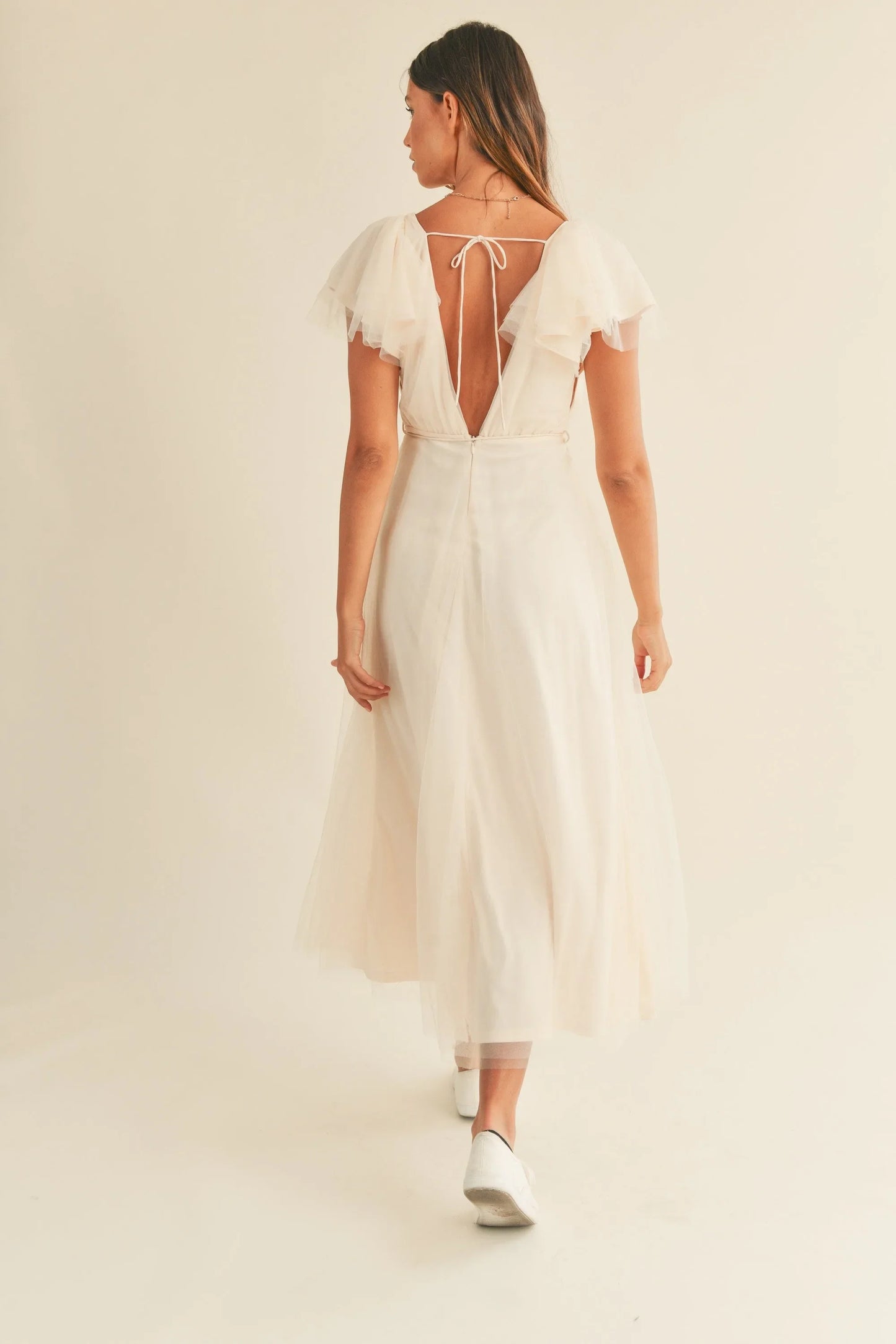 Tulle V-Neck Ruffle Flutter Sleeve Midi Dress — Playful Elegant Feminine Charming Style - Midi Dresses