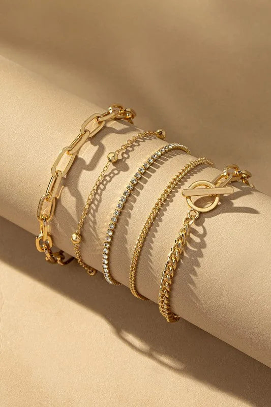 Five Mixed Bracelets Stackable Set — Gold Versatile Outfit Complement Everyday Jewelry - Bracelets