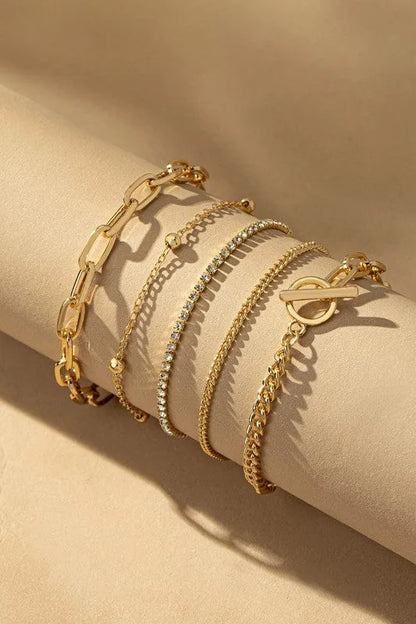 Five Mixed Bracelets Stackable Set — Gold Versatile Outfit Complement Everyday Jewelry - Bracelets