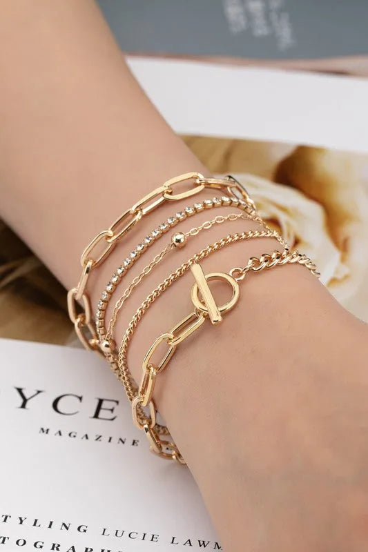 Five Mixed Bracelets Stackable Set — Gold Versatile Outfit Complement Everyday Jewelry - Gold Onesize Bracelets