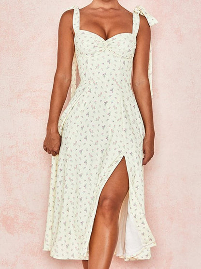Women's Floral Print Tie Shoulder Slit Midi Dress - Midi Dresses