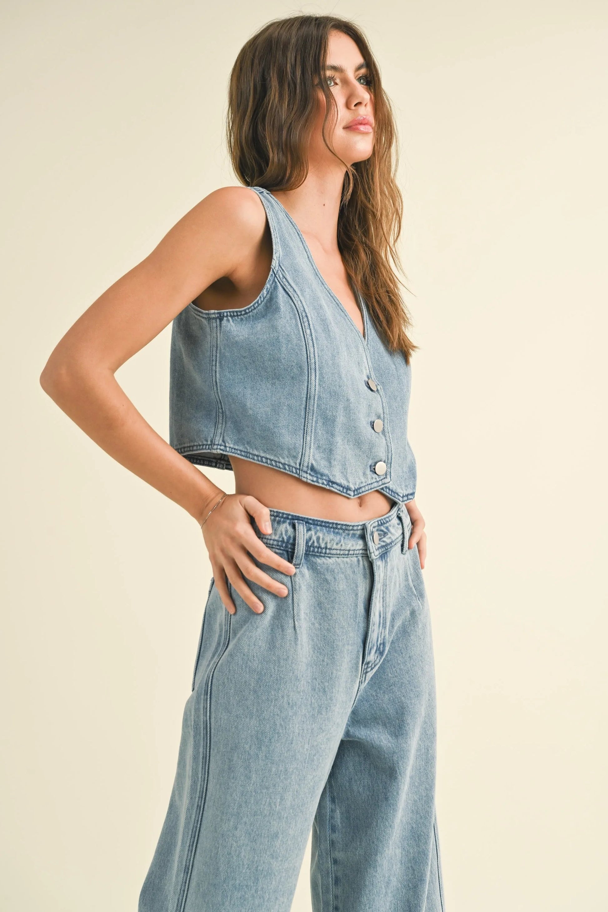 Washed Denim Cropped Vest — Trendy Edgy Lightweight Layering Casual Style - Denim Knit Vests
