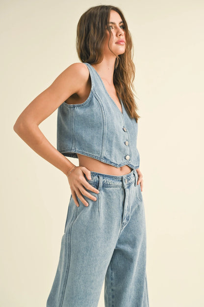 Washed Denim Cropped Vest — Trendy Edgy Lightweight Layering Casual Style - Denim Knit Vests