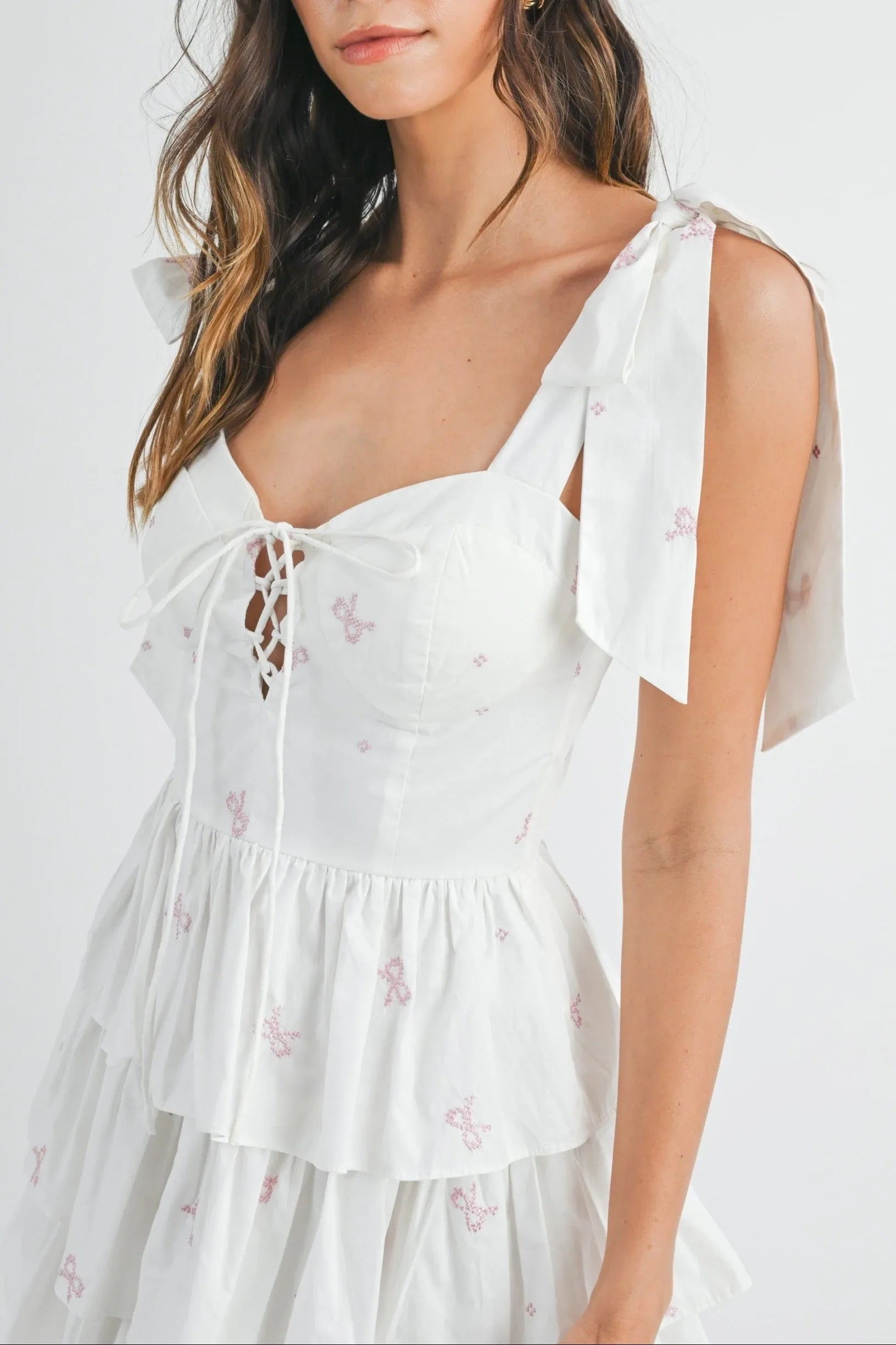 Bow Embroidery Poplin Corset Mini Dress — Solid Summer Statement Feminine Style - Mini Dresses
