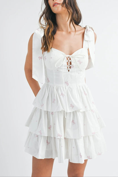 Bow Embroidery Poplin Corset Mini Dress — Solid Summer Statement Feminine Style - Mini Dresses