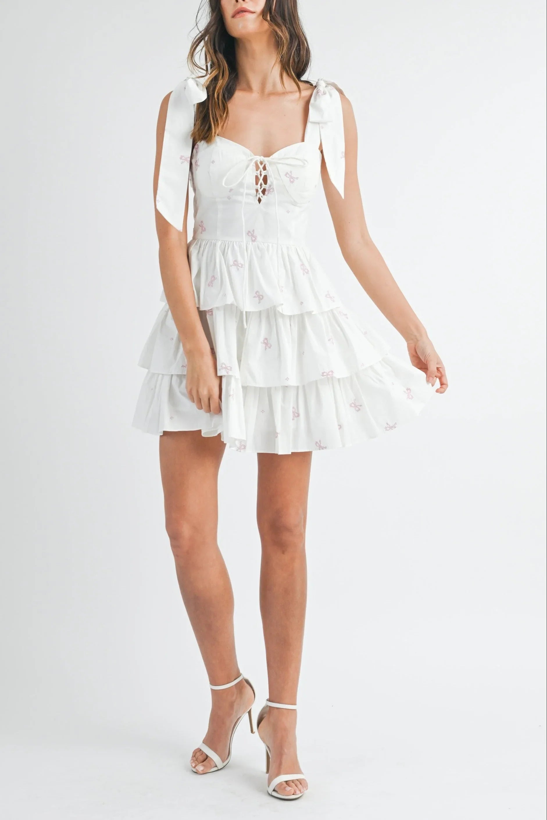 Bow Embroidery Poplin Corset Mini Dress — Solid Summer Statement Feminine Style - Mini Dresses
