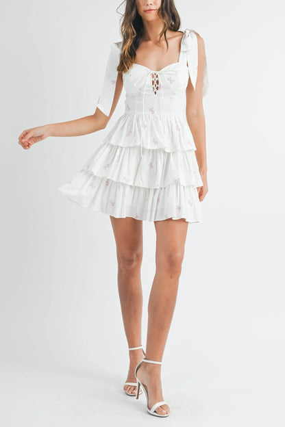 Bow Embroidery Poplin Corset Mini Dress — Solid Summer Statement Feminine Style - Mini Dresses