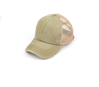 Criss-Cross Ponytail Trucker Hat — Stretch Back Opening Breathable Mesh - Olive Baseball Caps