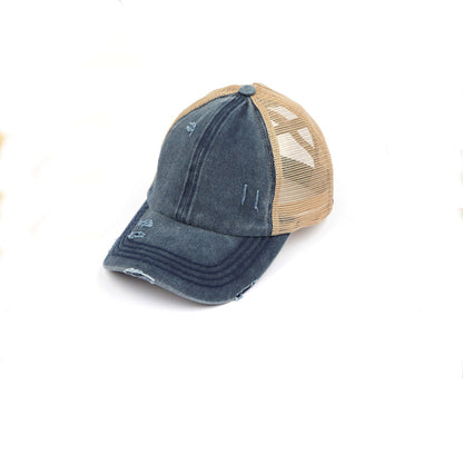 Criss-Cross Ponytail Trucker Hat — Stretch Back Opening Breathable Mesh - Navy Baseball Caps