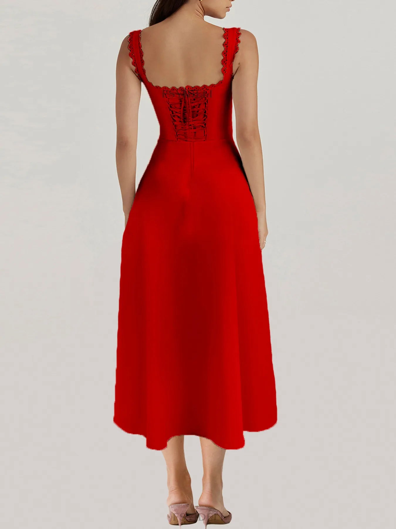 Women's Scalloped V-Neck Midi Dress with Back Lace-Up - Midi Dresses