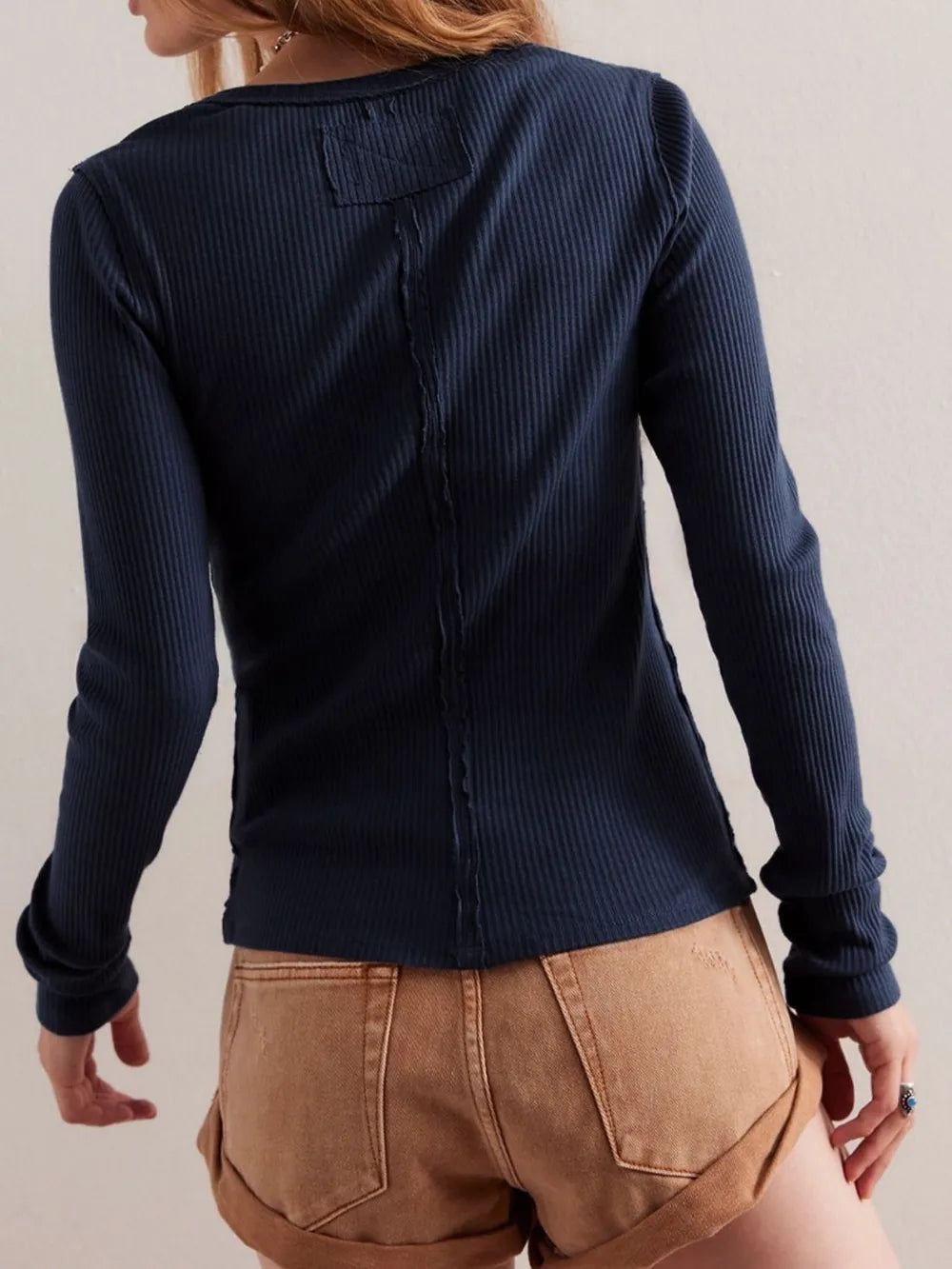 Ribbed Round Neck Button Up Long Sleeve Top - Tops