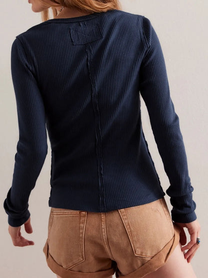 Ribbed Round Neck Button Up Long Sleeve Top - Tops