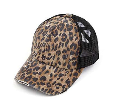 Criss-Cross Ponytail Trucker Hat — Stretch Back Opening Breathable Mesh - Baby Leopard Baseball Caps