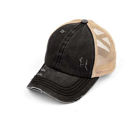 Criss-Cross Ponytail Trucker Hat — Stretch Back Opening Breathable Mesh - Black Beige Baseball Caps