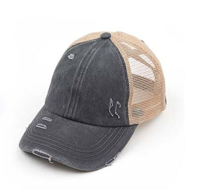 Criss-Cross Ponytail Trucker Hat — Stretch Back Opening Breathable Mesh - Charcoal Baseball Caps