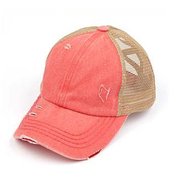 Criss-Cross Ponytail Trucker Hat — Stretch Back Opening Breathable Mesh - Coral Baseball Caps
