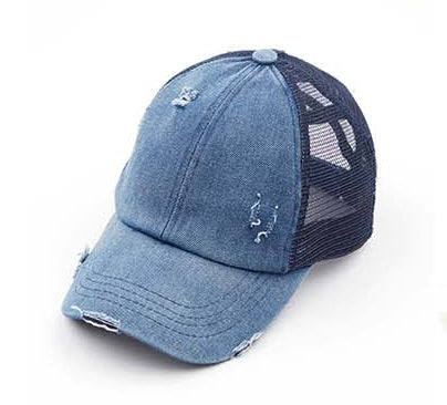 Criss-Cross Ponytail Trucker Hat — Stretch Back Opening Breathable Mesh - Denim Baseball Caps