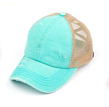 Criss-Cross Ponytail Trucker Hat — Stretch Back Opening Breathable Mesh - Mint Baseball Caps