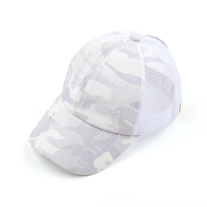 Criss-Cross Ponytail Trucker Hat — Stretch Back Opening Breathable Mesh - White Camo Baseball Caps