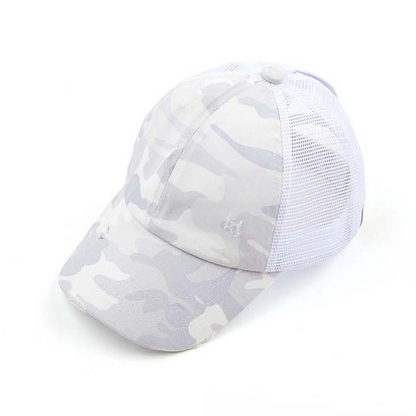 Criss-Cross Ponytail Trucker Hat — Stretch Back Opening Breathable Mesh - White Camo Baseball Caps