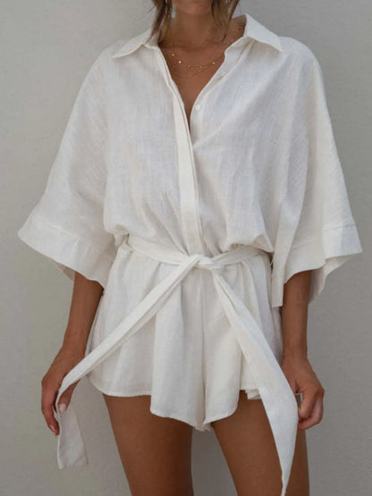 Button Up Collard Neck Half Sleeve Romper with Tie Front - Rompers