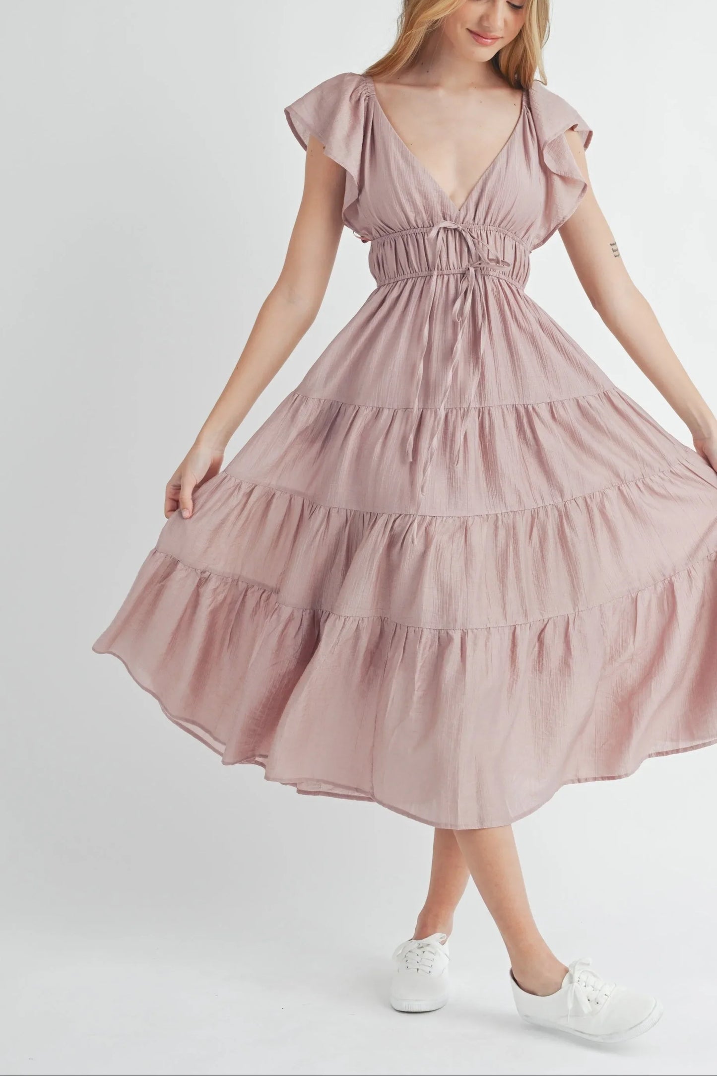 Ruffle Flutter Sleeve Tiered Maxi Midi Dress — Playful Charming Summer Occasion Style - Mauve Midi Dresses