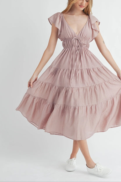 Ruffle Flutter Sleeve Tiered Maxi Midi Dress — Playful Charming Summer Occasion Style - Mauve Midi Dresses