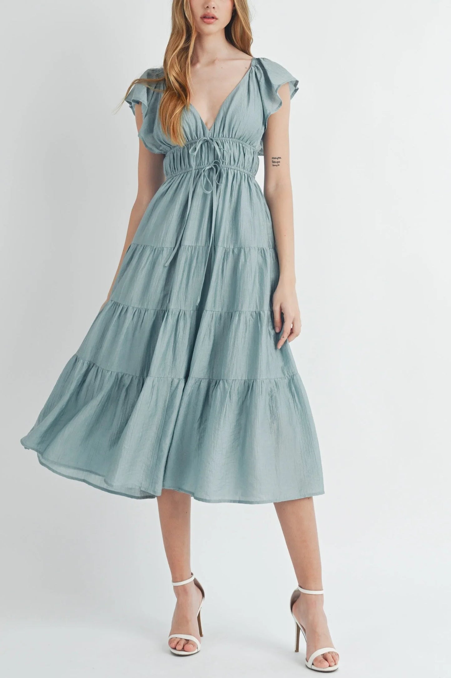 Ruffle Flutter Sleeve Tiered Maxi Midi Dress — Playful Charming Summer Occasion Style - Seagreen Midi Dresses