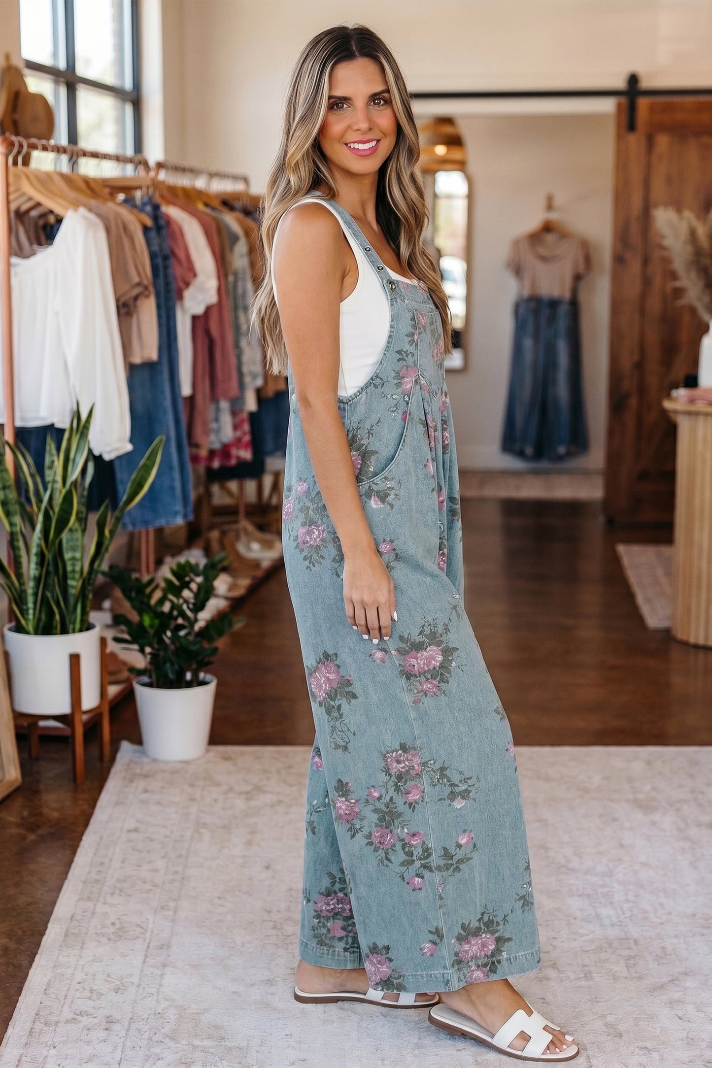 Floral Print Denim Wide Leg Adjustable Strap Jumpsuit — Boho Effortless Everyday Style - Jumpsuits & Rompers