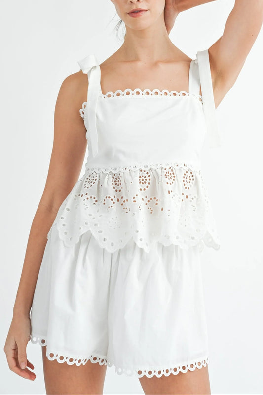Eyelet Lace Self-Tie Shoulder Peplum Top & Matching Shorts Set — Stylish Delicate Two-Piece Style - Off White Outfit Sets