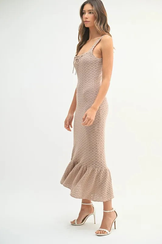 Ruffled Hem Sleeveless Crochet Knit Midi Dress in Mocha – outfit idea for women | Ro + Ivy