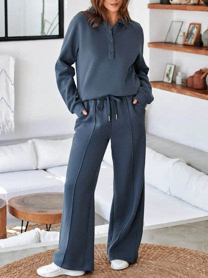 Women's Collared Sweatshirt and High Waist Pants Active Set - Dusty Blue Activewear Sets