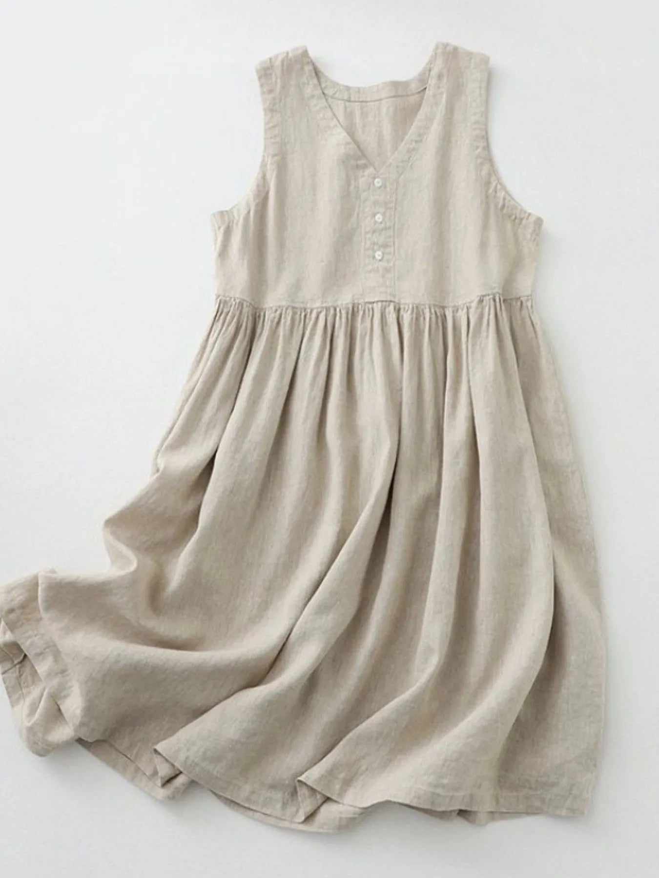 Women's V-Neck Button Detail Sleeveless Midi Dress - Beige Midi Dresses