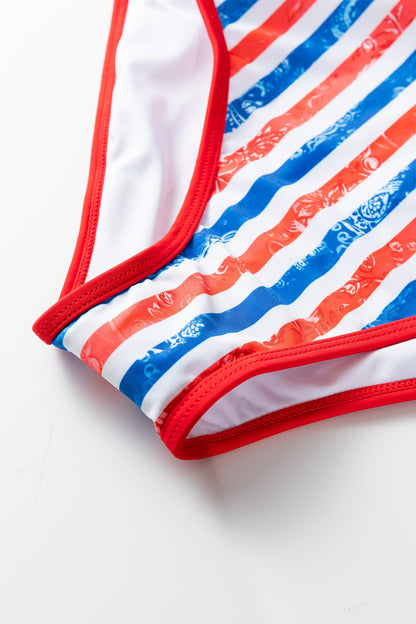 Americana Stars & Stripes Cutout Spaghetti Strap One-Piece Swimsuit — Patriotic Floral Accent Summery Style - One-Piece Swimsuits