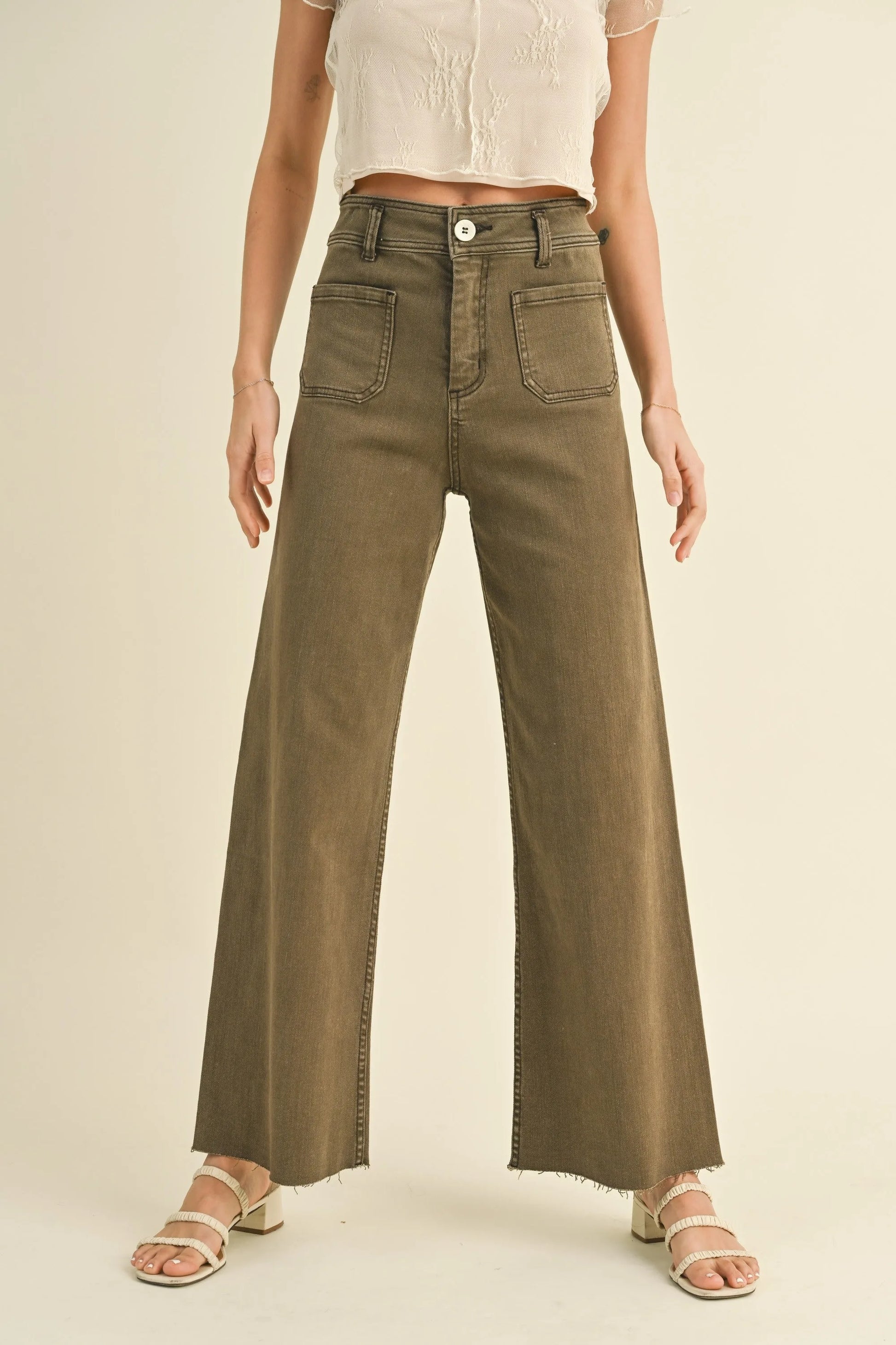 Front Pocket Wide Leg Pants — Stylish Functional Washed Denim Flattering Everyday Style - Pants