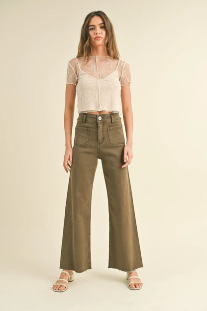 Front Pocket Wide Leg Pants — Stylish Functional Washed Denim Flattering Everyday Style - Washed Brown Pants