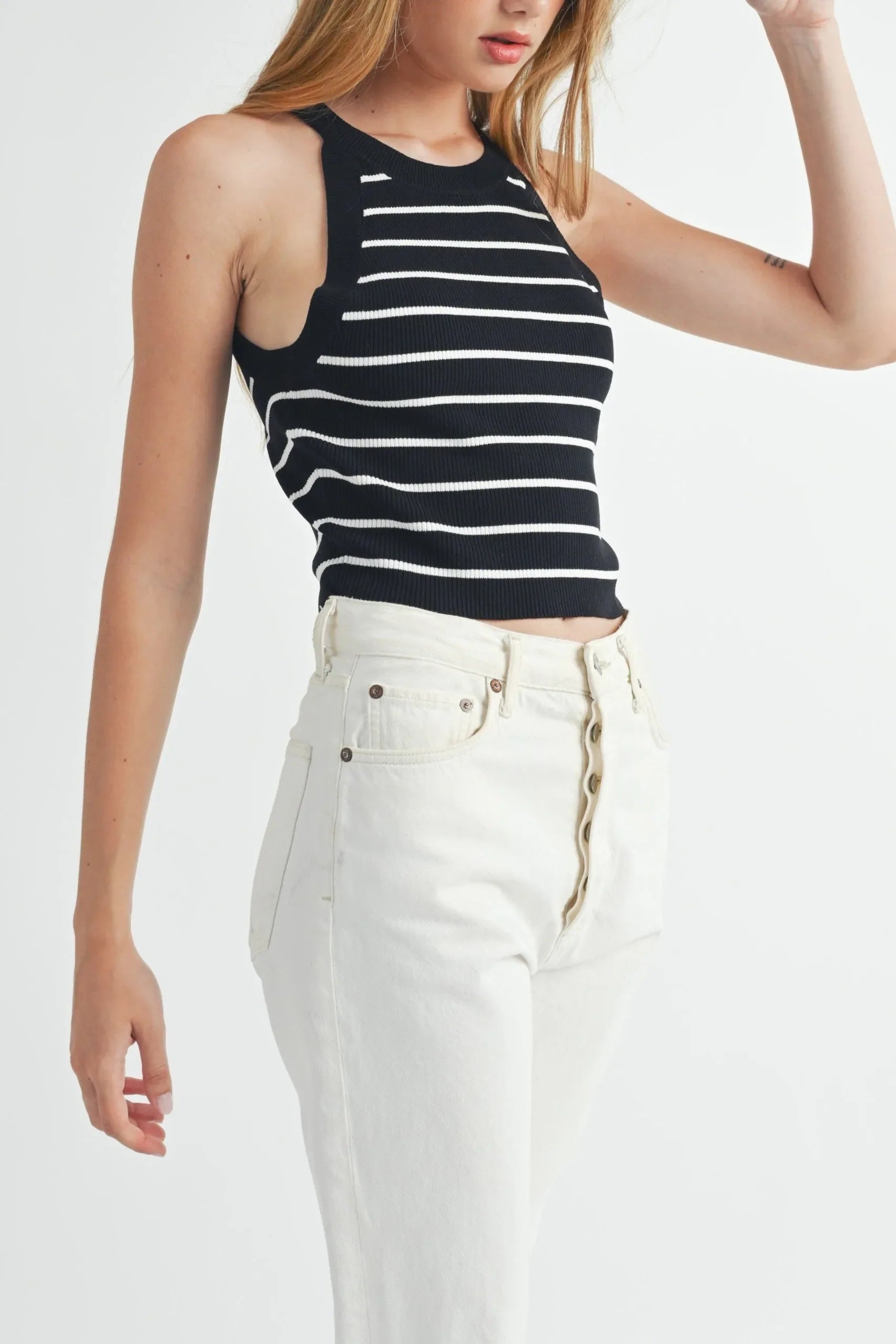Halter Neck Striped Ribbed Knit Crop Top — Elevated Wardrobe Effortless Everyday Style - Knit Tops