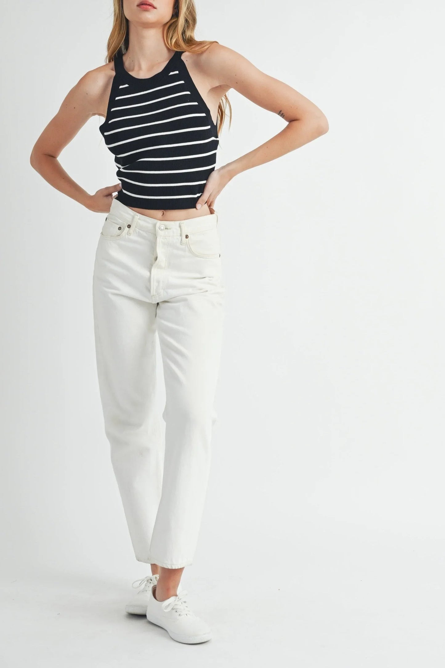 Halter Neck Striped Ribbed Knit Crop Top — Elevated Wardrobe Effortless Everyday Style - Knit Tops