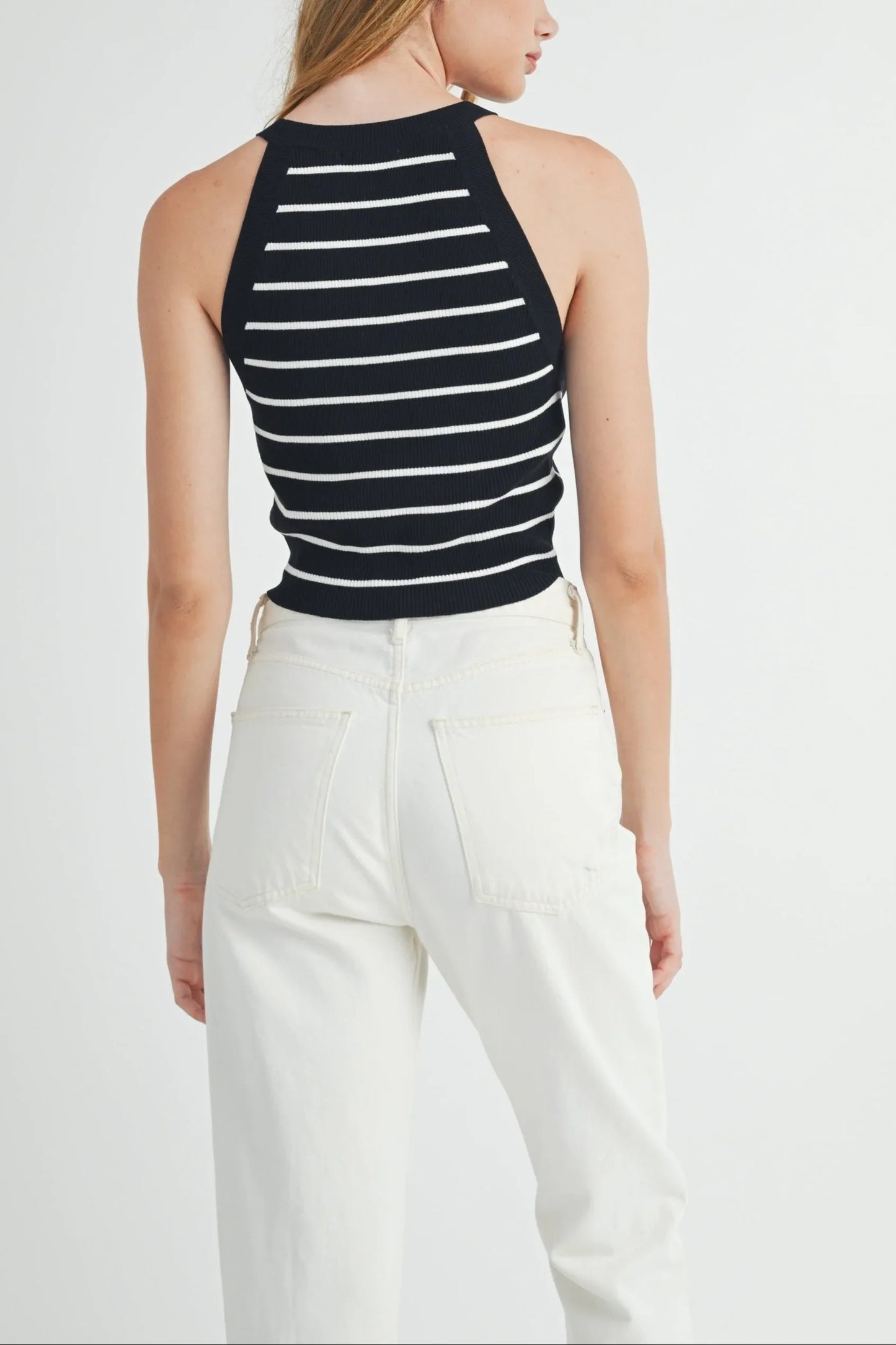 Halter Neck Striped Ribbed Knit Crop Top — Elevated Wardrobe Effortless Everyday Style - Knit Tops