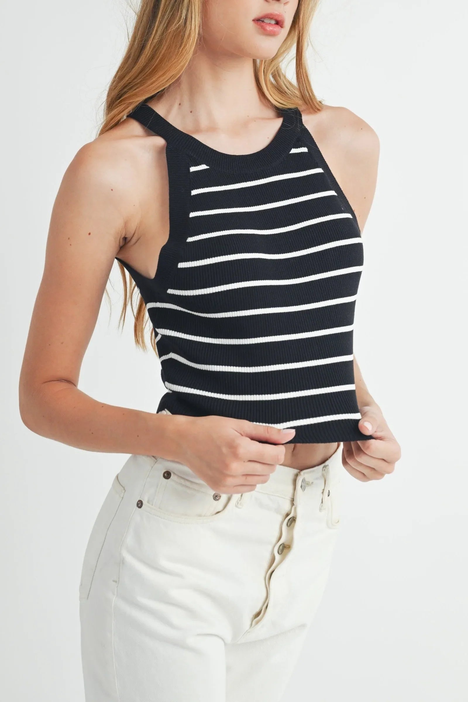 Halter Neck Striped Ribbed Knit Crop Top — Elevated Wardrobe Effortless Everyday Style - Black Knit Tops