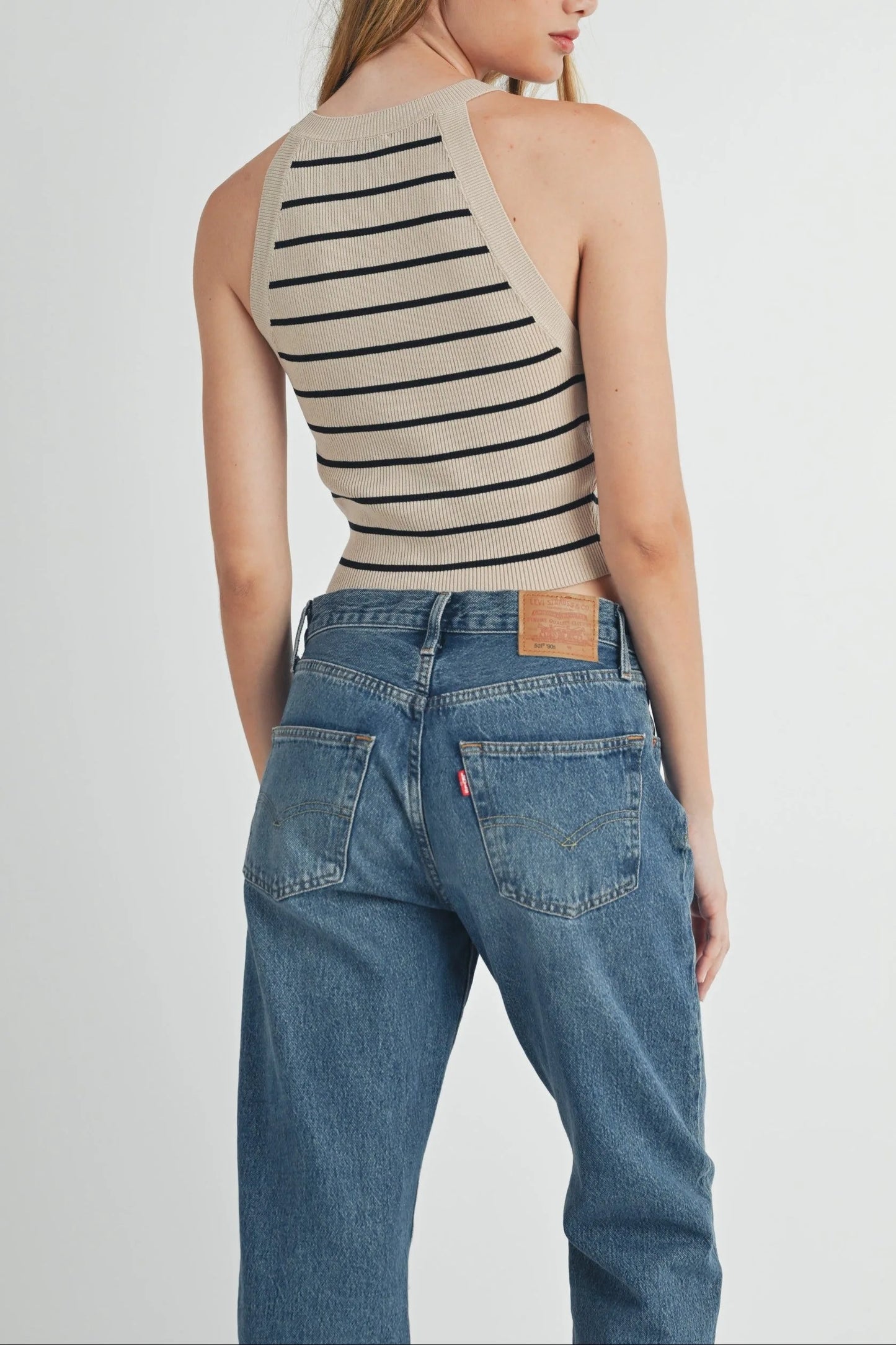 Halter Neck Striped Ribbed Knit Crop Top — Elevated Wardrobe Effortless Everyday Style - Knit Tops