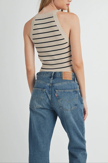 Halter Neck Striped Ribbed Knit Crop Top — Elevated Wardrobe Effortless Everyday Style - Knit Tops