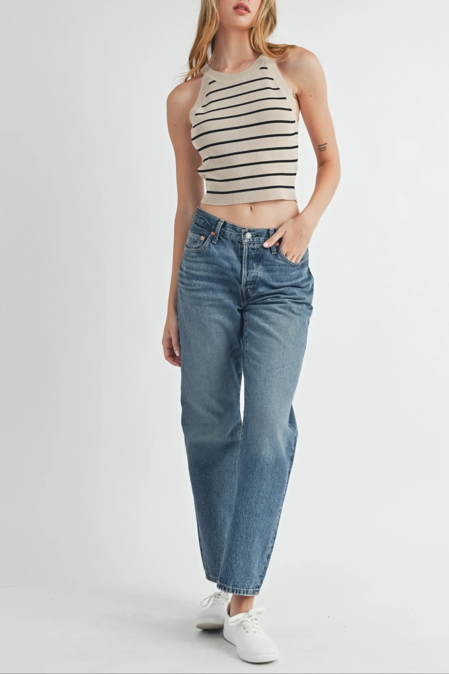 Halter Neck Striped Ribbed Knit Crop Top — Elevated Wardrobe Effortless Everyday Style - Knit Tops