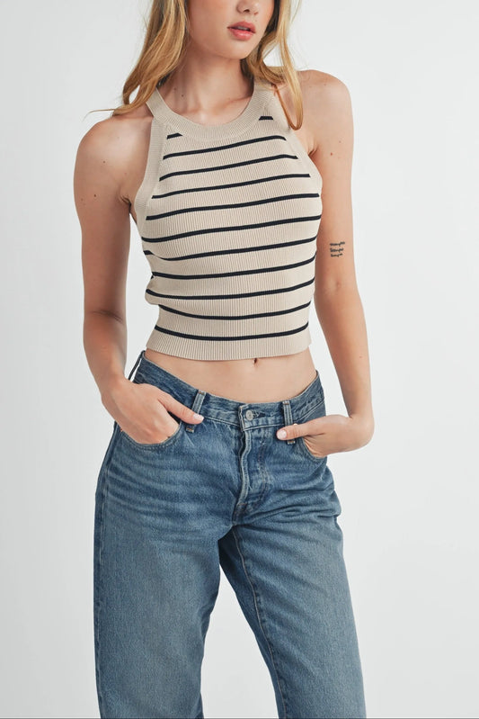 Halter Neck Striped Ribbed Knit Crop Top — Elevated Wardrobe Effortless Everyday Style - Knit Tops