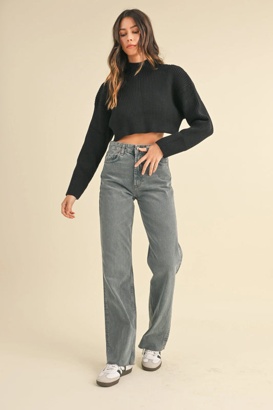 Basic Ribbed Mock Neck Cropped Long Sleeve Sweater — Soft Cozy Minimalist Everyday Style - Black Sweaters