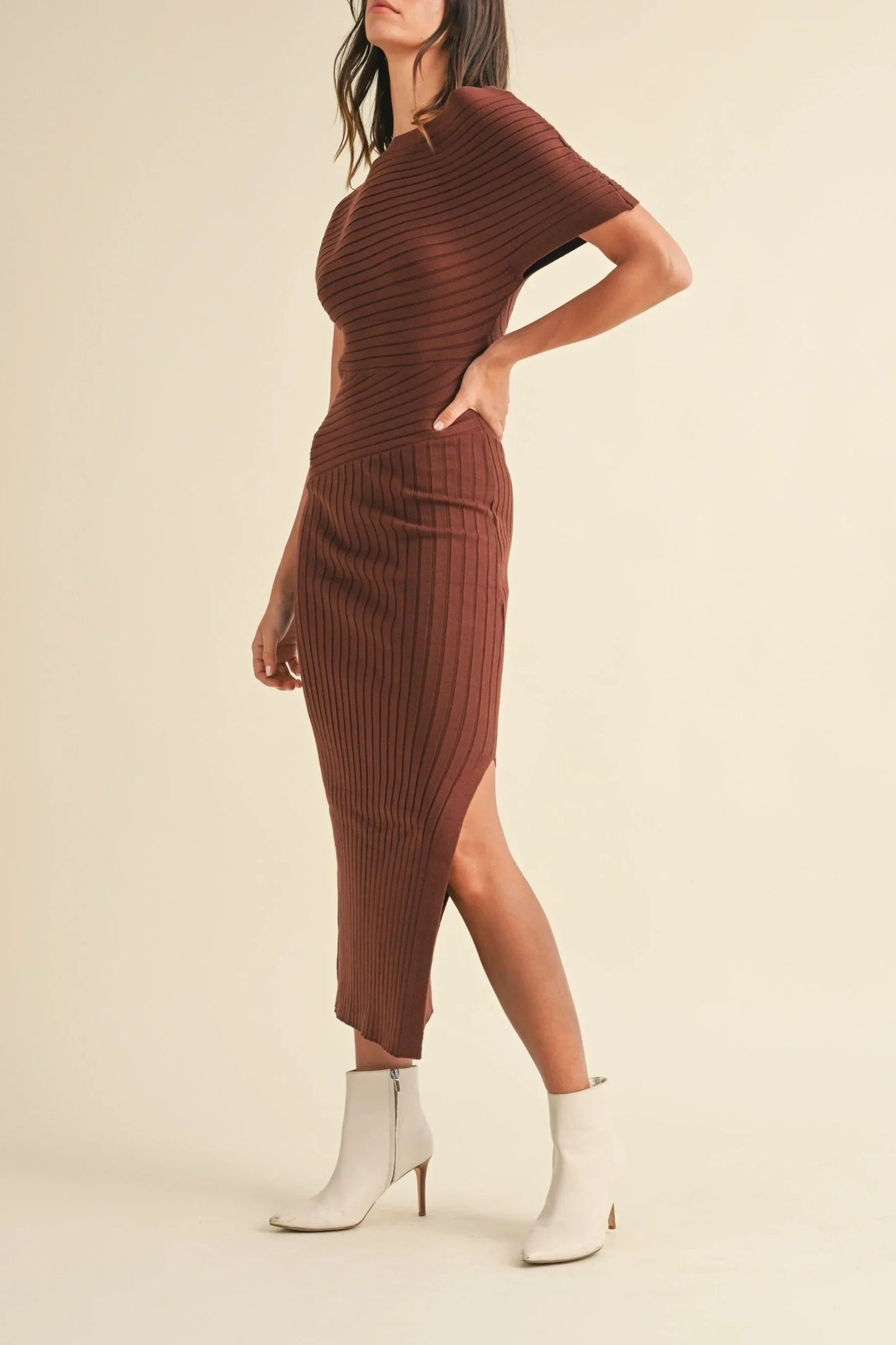 One Shoulder Off-Shoulder Ribbed Knit Side Slit Midi Dress — Sexy Elegant Statement Style - Midi Dresses