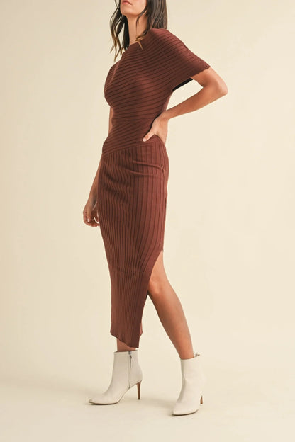 One Shoulder Off-Shoulder Ribbed Knit Side Slit Midi Dress — Sexy Elegant Statement Style - Midi Dresses